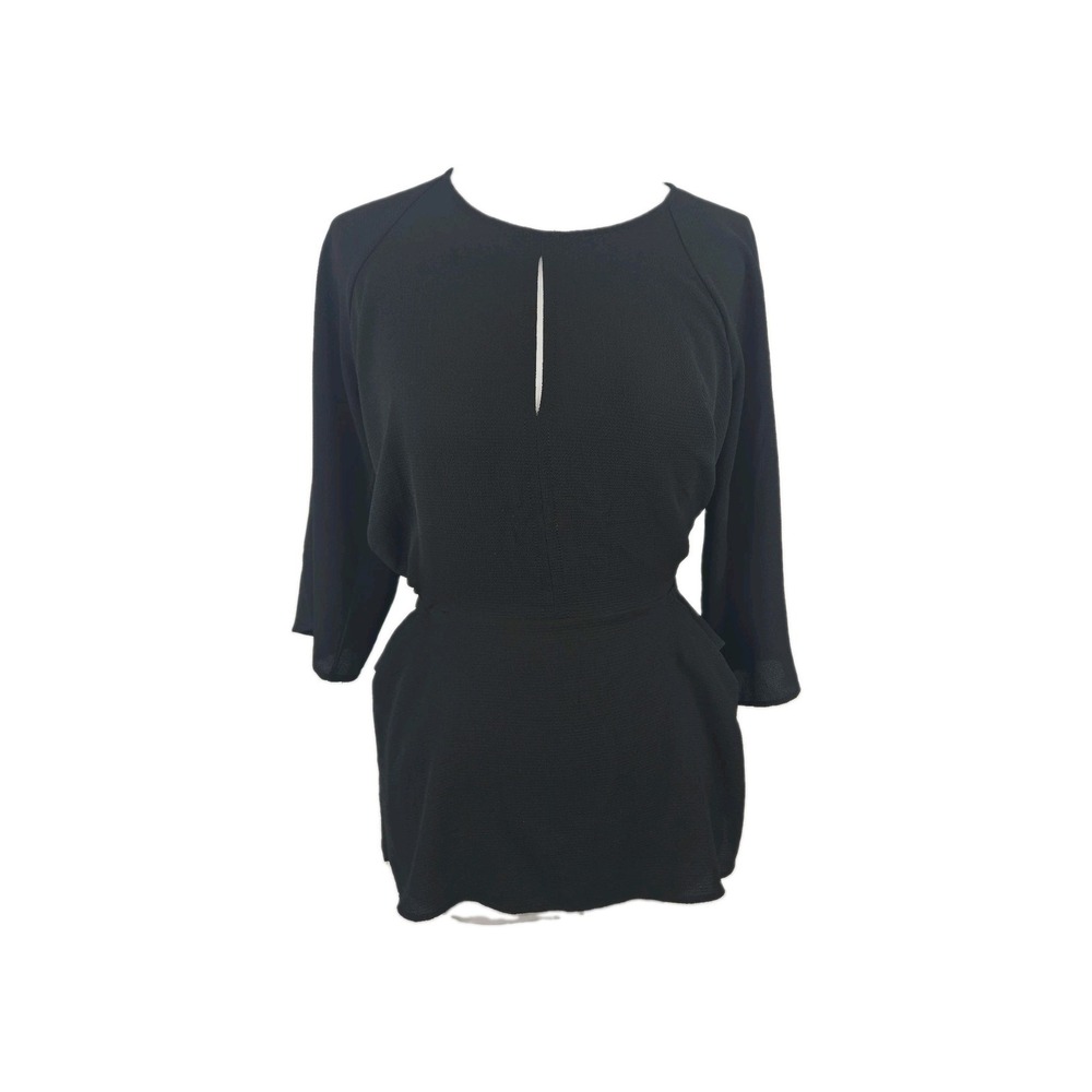 Chenault SMALL Black Textured Japan Faux Wrap 3/4 Sleeve Blouse Top